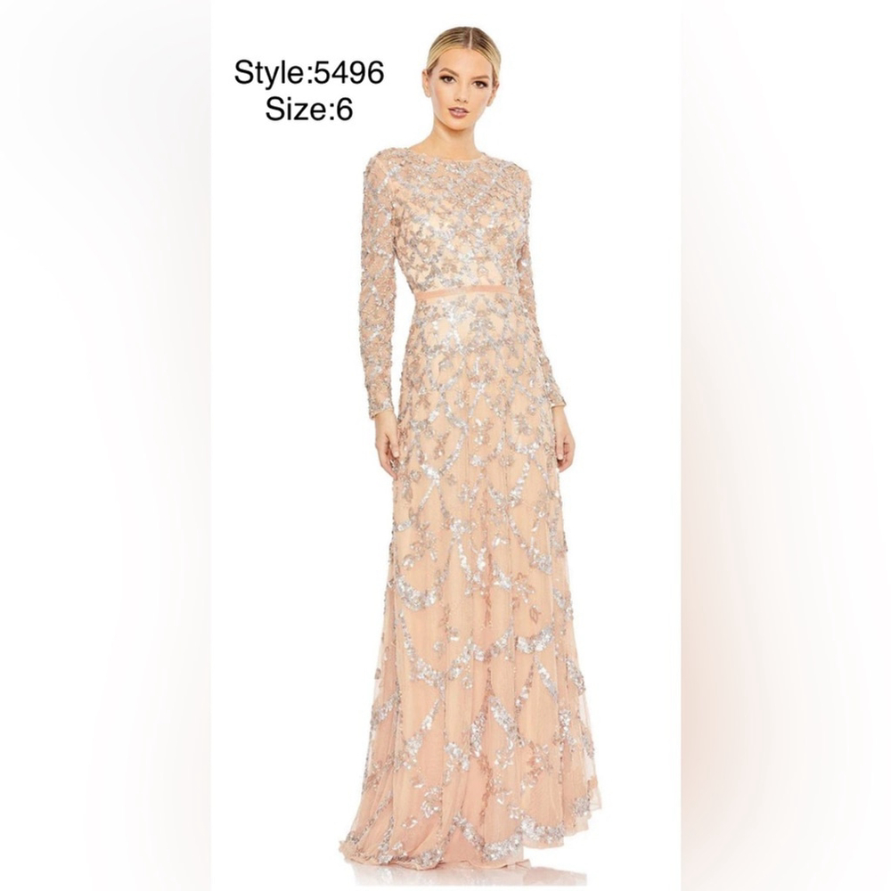 Lattice sequined high illusion neckline long sleeve A-line gown
